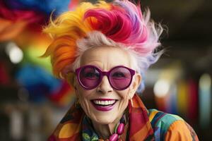 ai generato un' anziano donna con vibrante, multicolore capelli e abbigliamento. foto