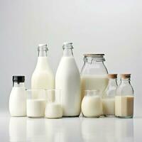 ai generato fresco latte nel diverso bottiglie e bicchieri su un' bianca sfondo. foto