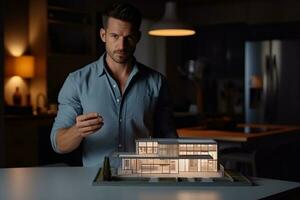 ai generato un architetto vicino un' modello di un' moderno Casa. foto