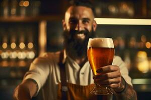ai generato barista Tenere un' bicchiere di birra chiara nel il suo mano nel un' bar o pub. foto