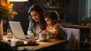 ai generato un' madre lavori su un' il computer portatile con sua figlio nel sua braccia. restare a casa mamma. foto