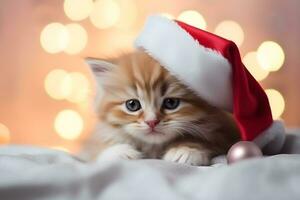 ai generato carino gattino nel un' Santa Claus cappello su un' festivo sfondo. foto