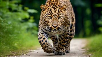 ai generato leopardo su il strada nel il foresta. foto