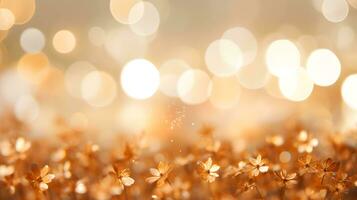 ai generato festivo d'oro sfondo. d'oro fiori su un' sfondo di bellissimo bokeh, copia spazio. foto