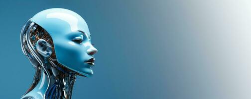 ai generato cyborg donna su un' blu sfondo. ai etica. foto