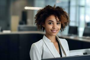 ai generato un' giovane donna lavori nel il ufficio. foto