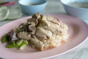 bollito pollo, frattaglie con cetriolo affettato mangiare con Riso. foto