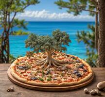 ai generato Pizza con mare e albero su un' di legno tavolo nel davanti di il mare foto