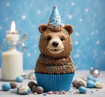 ai generato Cupcake con cioccolato orso e candela su un' blu sfondo. foto