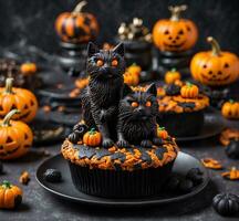 ai generato Halloween cupcakes con nero gatto e zucche su buio sfondo foto