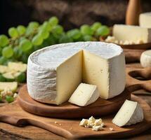 ai generato Camembert formaggio su un' di legno taglio tavola. selettivo messa a fuoco. foto