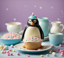 carino pinguino con Cupcake e colorato spruzzatori su tavolo foto