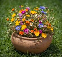 ai generato bellissimo estate fiori nel un' argilla pentola su un' verde erba sfondo foto