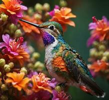 ai generato bellissimo colibrì seduta su un' ramo con fiori nel il sfondo foto