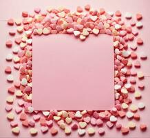 ai generato rosa e bianca cuore sagomato coriandoli su un' rosa di legno sfondo. foto