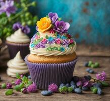 ai generato cioccolato Cupcake con cioccolato crema e ardente candele su un' Marrone sfondo foto