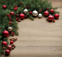 ai generato Natale sfondo con abete rami, rosso palle e coni su di legno tavola foto