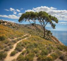 ai generato pino alberi su il costa di il mediterraneo mare nel Spagna. foto