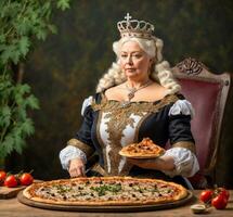 ai generato ritratto di un' bellissimo anziano donna nel medievale vestito con un' grande Pizza. foto