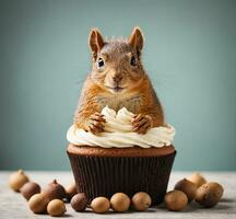 ai generato Cupcake con un' scoiattolo e noccioline su un' grigio sfondo. foto