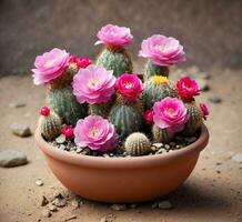 ai generato cactus con rosa fiori nel argilla pentola su sabbia sfondo, selettivo messa a fuoco foto