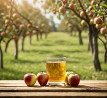 ai generato Mela succo nel un' bicchiere su un' di legno tavolo nel un frutteto foto