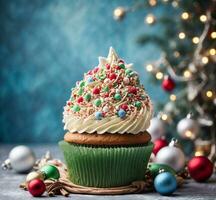 ai generato cioccolato Cupcake con cioccolato crema e ardente candele su un' Marrone sfondo foto