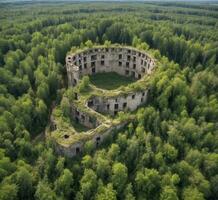 ai generato aereo Visualizza di rovine di medievale castello nel il mezzo di foresta foto