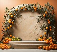 ai generato modello con fresco mandarini e foglie podio foto