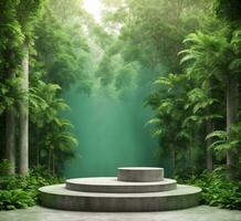 ai generato 3d rendere di podio nel il giungla con alberi e impianti. foto