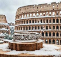 ai generato nozze anelli su il sfondo di il colosseo foto