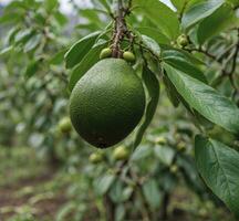 ai generato avocado frutta su il albero nel il frutteto. selettivo messa a fuoco. foto