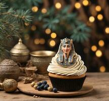 ai generato Natale Cupcake con egiziano Regina su superiore su di legno sfondo foto