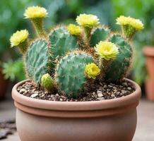 ai generato cactus con giallo fiori nel pentola su di legno tavolo, azione foto