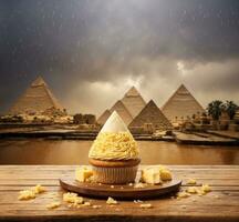 ai generato Cupcake con formaggio su di legno tavolo nel davanti di Giza piramidi foto