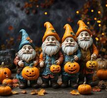 ai generato Halloween decorazione con tre gnomi e zucche su un' di legno sfondo foto