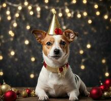 ai generato carino gallese corgi cane con renna corna seduta vicino Natale albero. foto