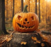 ai generato Halloween zucca testa Jack o lanterna su albero ceppo nel autunno foresta foto