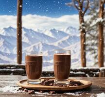 ai generato Due bicchieri di caldo cioccolato su di legno tavolo con neve e montagne nel sfondo foto