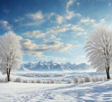 ai generato bellissimo inverno paesaggio con innevato alberi e montagne nel il sfondo foto
