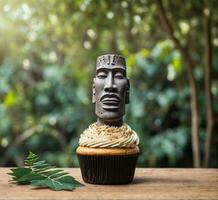 ai generato Budda statua e cioccolato Cupcake su di legno tavolo con natura sfondo foto