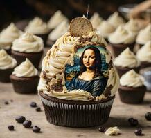 ai generato cioccolato cupcakes decorato con il Immagine di il vergine Maria. foto