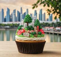 ai generato miniatura città su Cupcake con paesaggio urbano nel il sfondo. foto