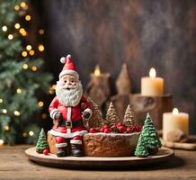 ai generato Natale torta e Santa Claus su un' di legno tavolo. Natale sfondo. foto