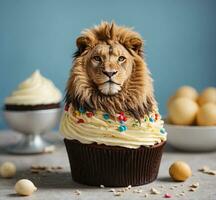 ai generato carino Leone nel un' Cupcake con crema su un' blu sfondo foto