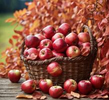 ai generato un' cestino con rosso mele su un' di legno tavolo nel il autunno giardino foto