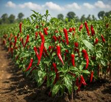 ai generato rosso caldo chili peperoni in crescita su un' campo nel il campagna di Tailandia foto