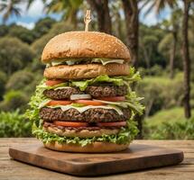 ai generato Hamburger su un' di legno tavolo nel un' parco con palme nel il sfondo foto