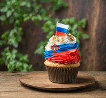 ai generato Cupcake con il bandiera di Russia su superiore su un' di legno sfondo. foto