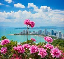 ai generato rosa fiori su il spiaggia foto